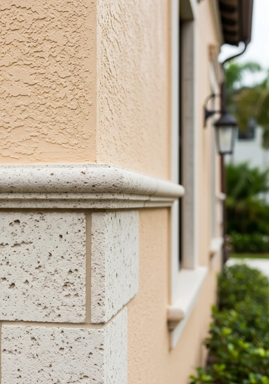 Close-up of exterior detail work on a Miami home, showcasing precision craftsmanship and premium South Florida materials.