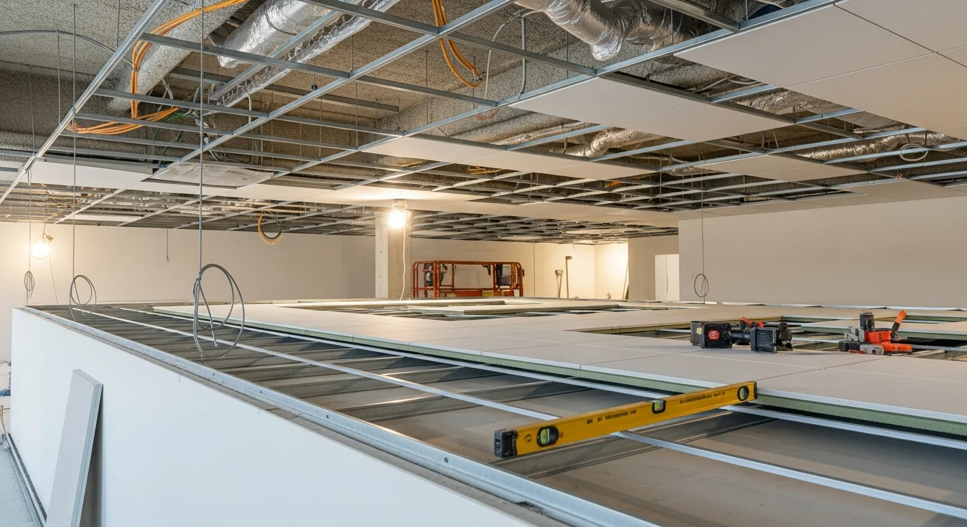 Completed acoustic ceiling tile installation in a commercial office space in Brunswick, Georgia, showing a level suspended grid with white lay-in tiles and recessed lighting integrated into the system.