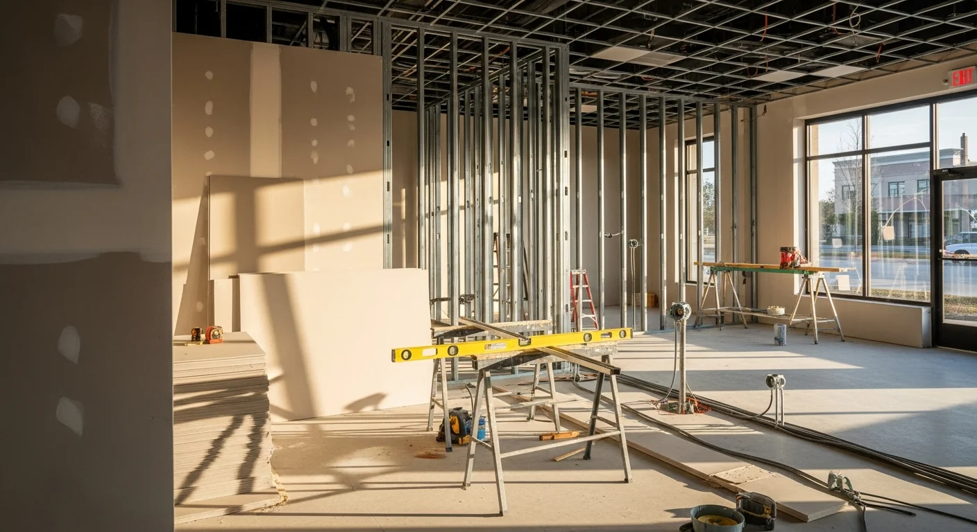 Finished commercial tenant improvement interior in a Brunswick, Georgia retail space, showing new partition walls, recessed ceiling grid, and polished concrete flooring ready for business occupancy. Taylor Building Company general contracting work in Glynn County.
