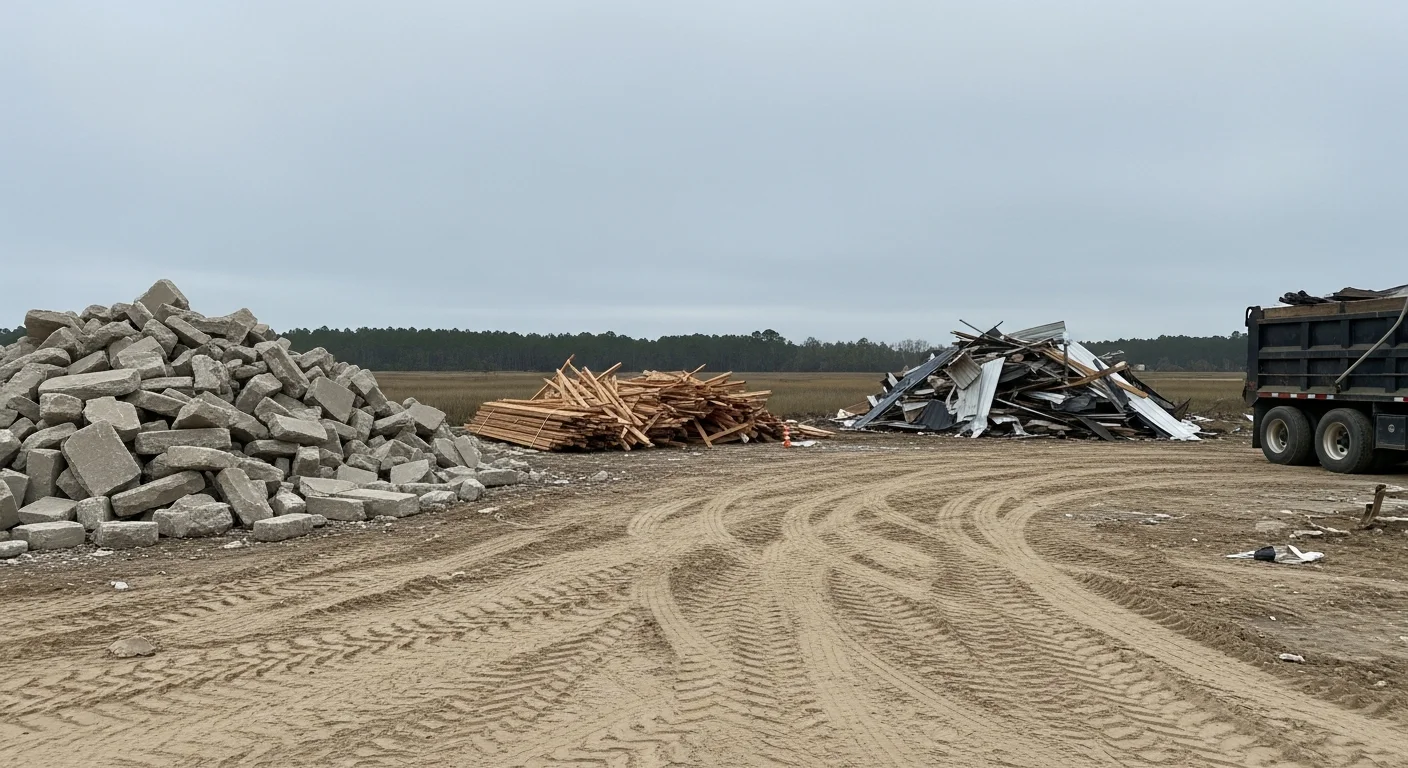 A cleared demolition site in Brunswick, Georgia with all concrete, wood, and construction debris removed, leaving bare ground ready for new construction. A Taylor Building Company crew and heavy equipment are visible on the Glynn County property.