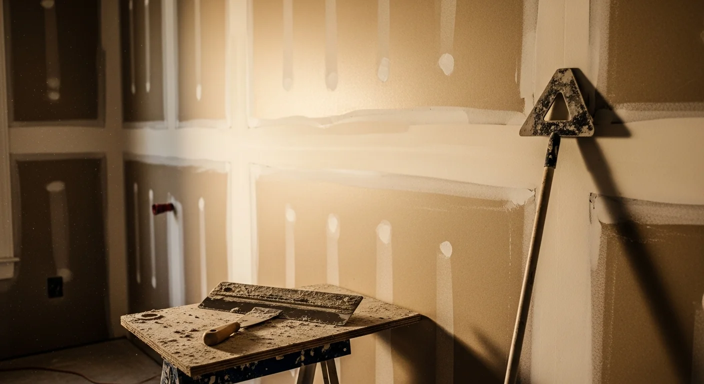 A freshly finished drywall surface in a Brunswick, Georgia home interior, showing smooth, seam-free walls ready for primer after taping and sanding. A Taylor Building Company crew member inspects the flat ceiling finish in a newly constructed Glynn County room.