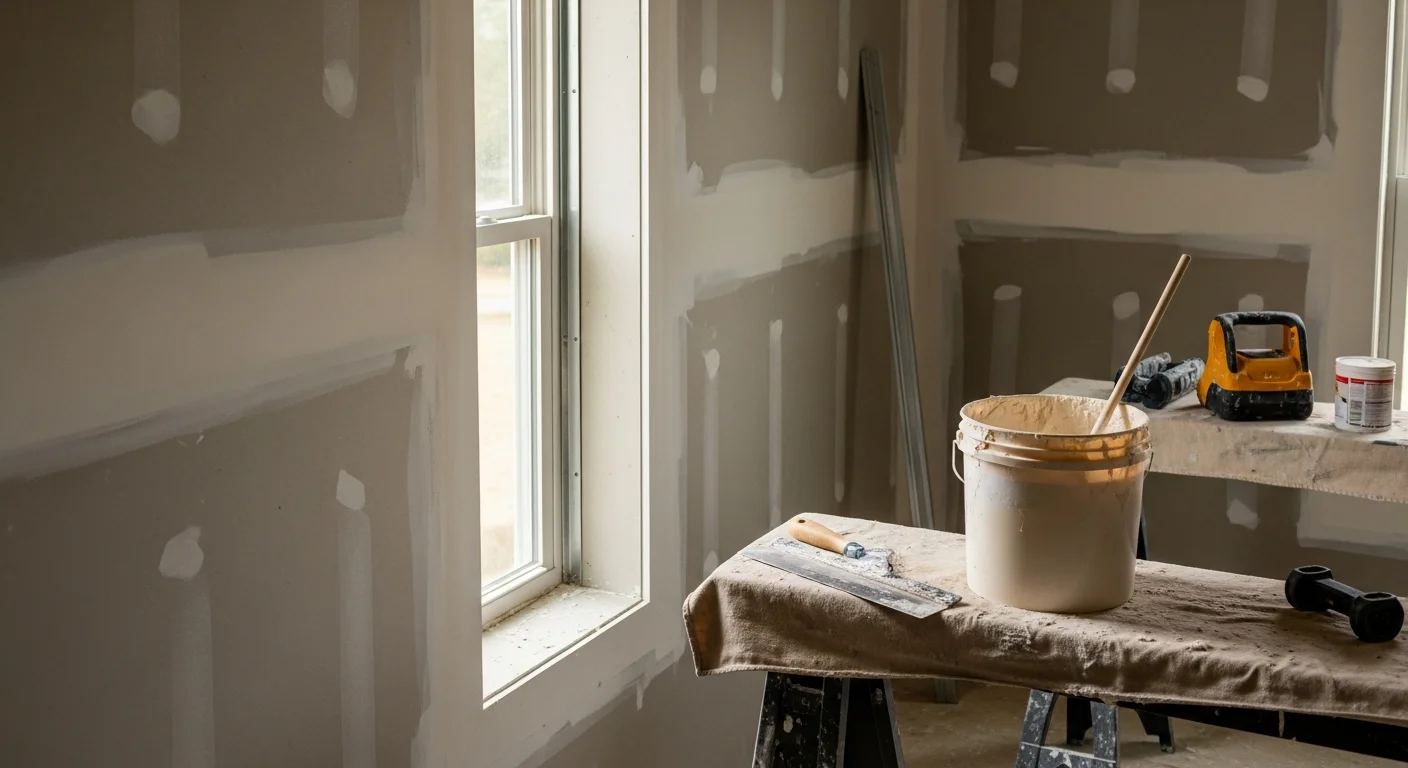 Freshly installed and finish-sanded drywall covering the walls and ceiling of a residential room in Brunswick, Georgia. The surface is smooth and paint-ready, with clean cuts around window openings and electrical boxes.