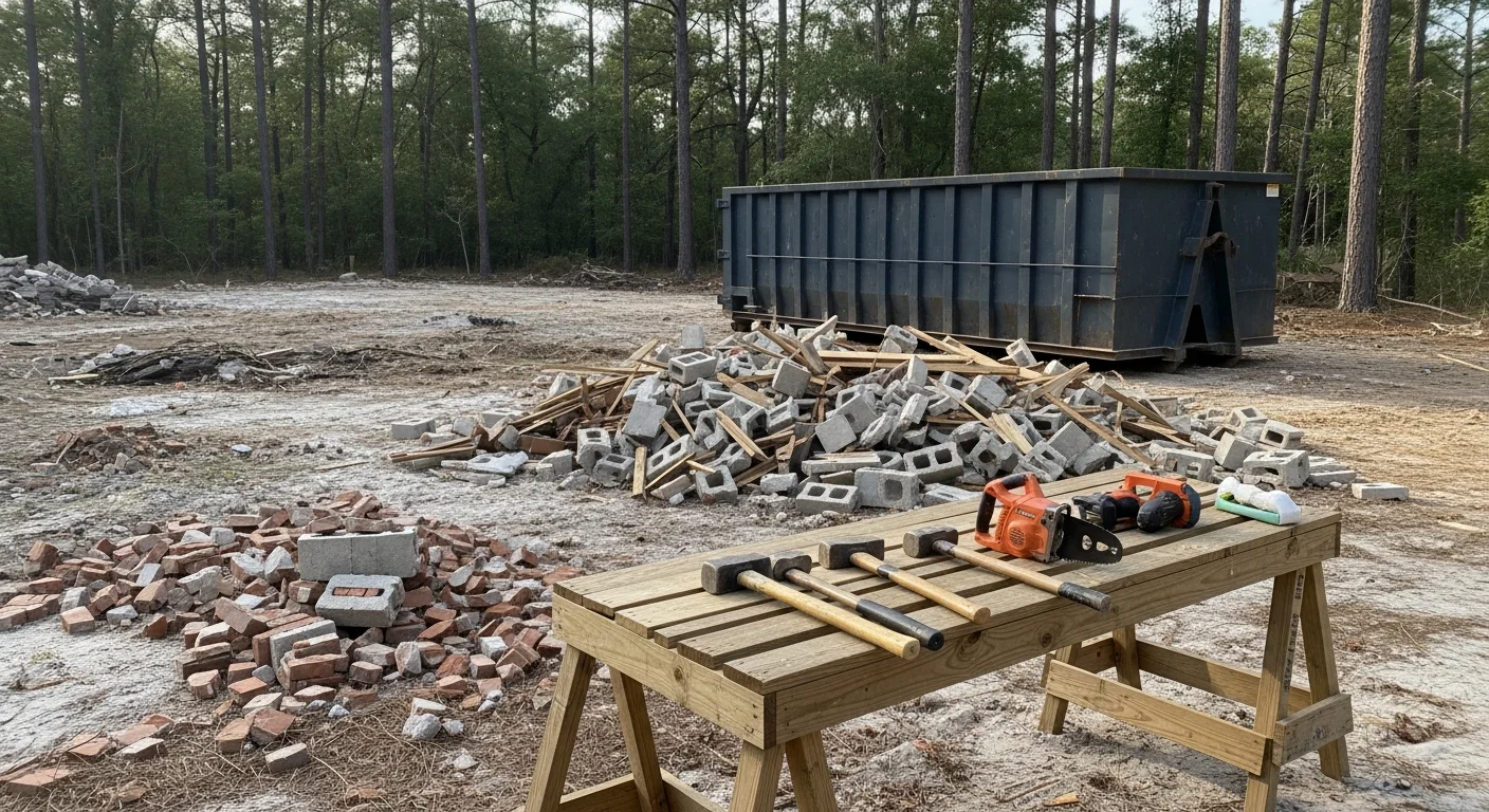 A demolished residential outbuilding lot in Brunswick, Georgia with debris cleared and bare ground visible, ready for new construction. Taylor Building Company exterior demolition project in Glynn County.