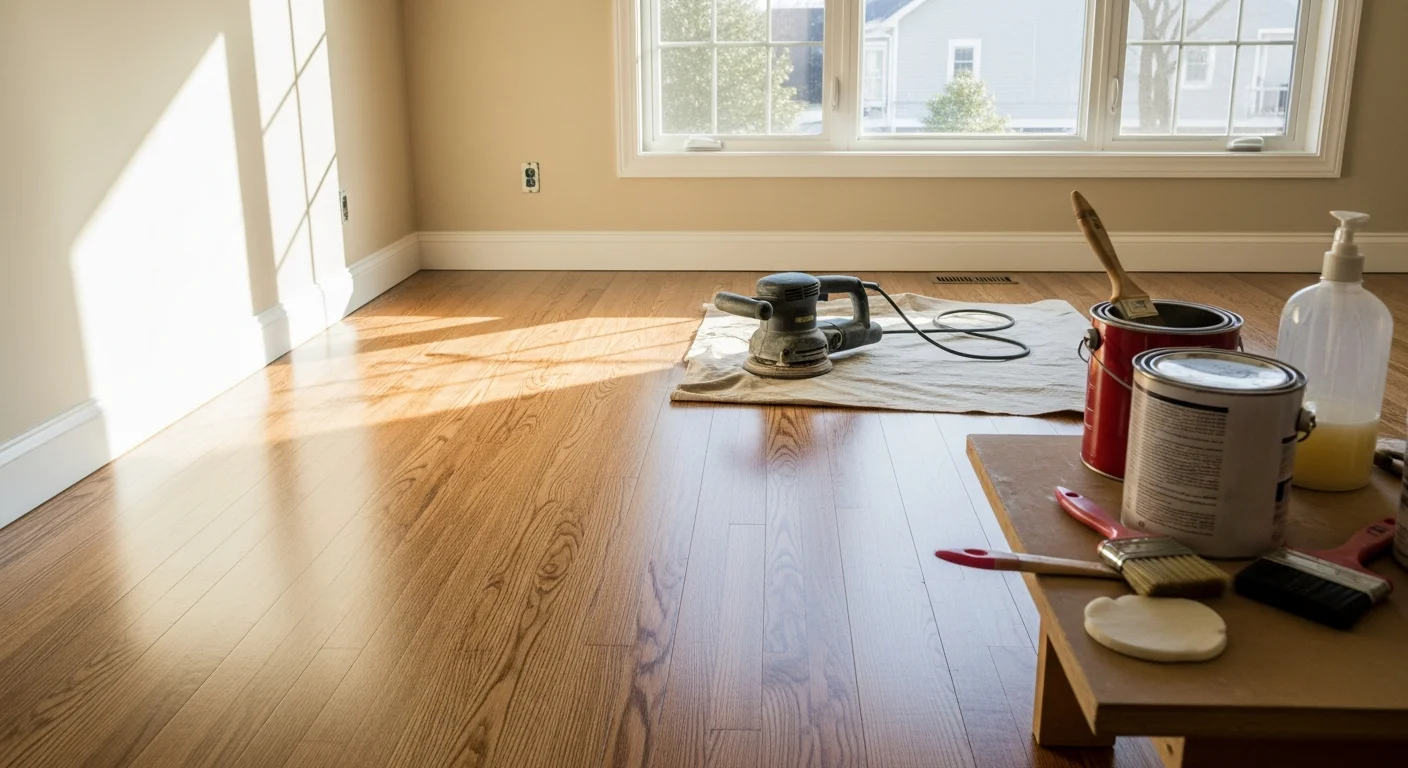 Freshly finished hardwood floors in a Brunswick, Georgia single-family home, showing an even satin topcoat across wide-plank wood boards in a sunlit living room. A flooring contractor's sanding and finishing equipment is visible near the wall, indicating active floor restoration work.
