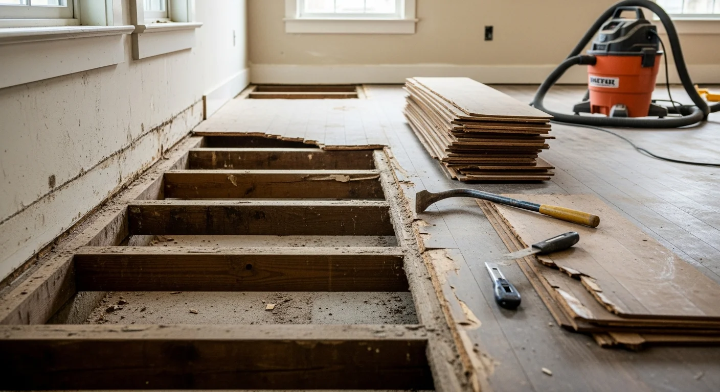A Brunswick, Georgia home interior showing a cleared room with bare subfloor after professional flooring removal by Taylor Building Company. Old flooring material has been fully stripped and the subfloor is exposed and ready for new installation.