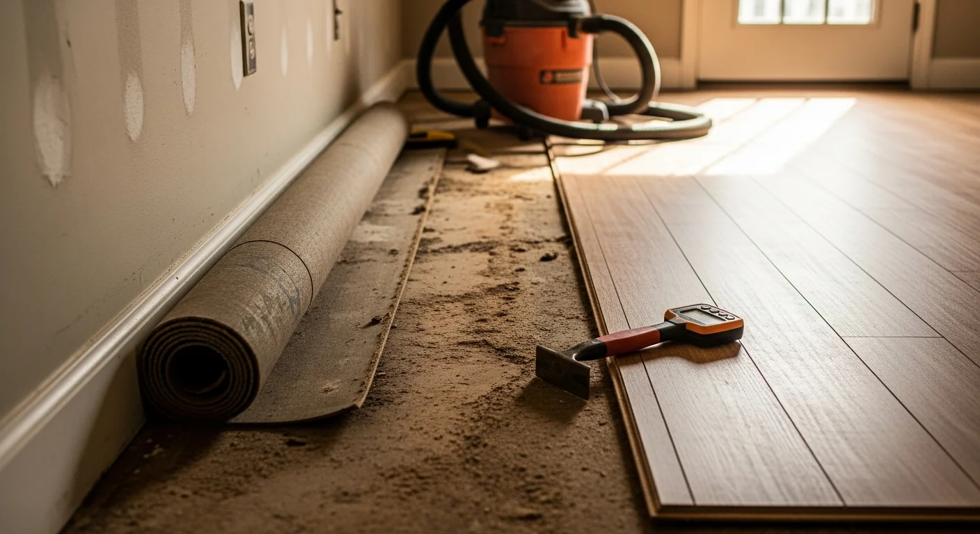 Freshly installed hard-surface flooring in a single-family home in Brunswick, Georgia, with natural light across an open living area. The subfloor is visible in an adjacent room where old flooring has been removed in preparation for replacement.