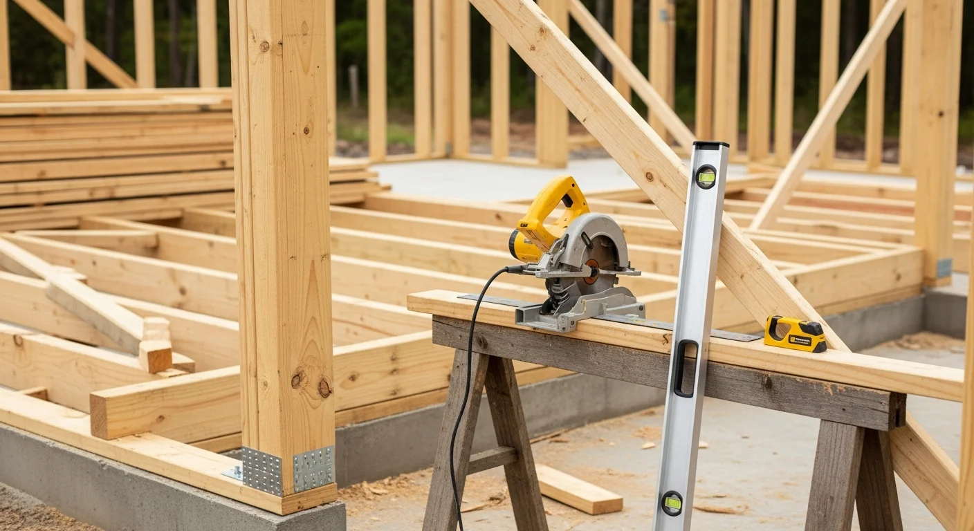 Exposed wood wall framing on a residential construction project in Brunswick, Georgia, showing floor-to-ceiling stud layout with window and door rough openings. Coastal Georgia building site with framed exterior walls ready for sheathing.