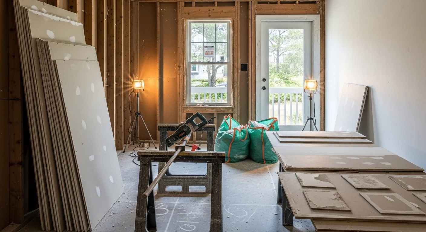 A gutted interior room in a Brunswick, Georgia residential property showing cleared walls, exposed framing, and a debris-free floor after interior demolition. Taylor Building Company crew has removed drywall, flooring, and fixtures in preparation for renovation.