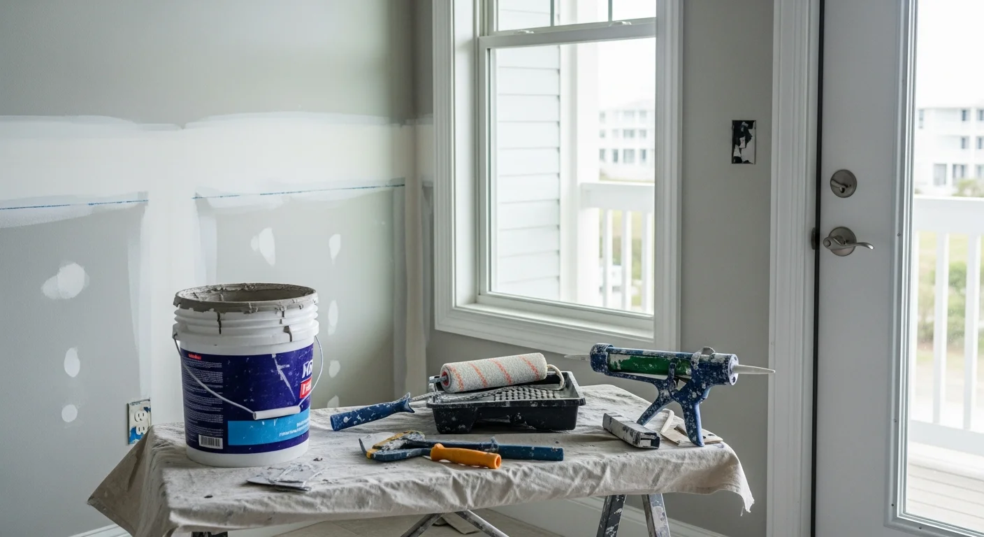 Interior of a Brunswick, Georgia rental unit after a make-ready project, showing freshly painted walls, repaired flooring, and clean trim work. A general contractor completes a final inspection of the move-in ready space.
