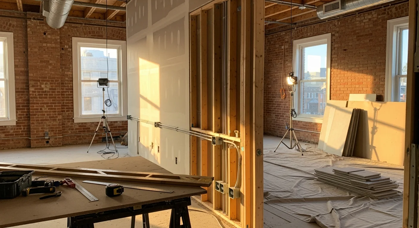 Renovated commercial office interior in Brunswick, Georgia showing updated flooring, reconfigured open workspace, and new lighting installed by a general contractor. Finished walls and clean ceiling grid reflect completed renovation work in a coastal Georgia commercial building.