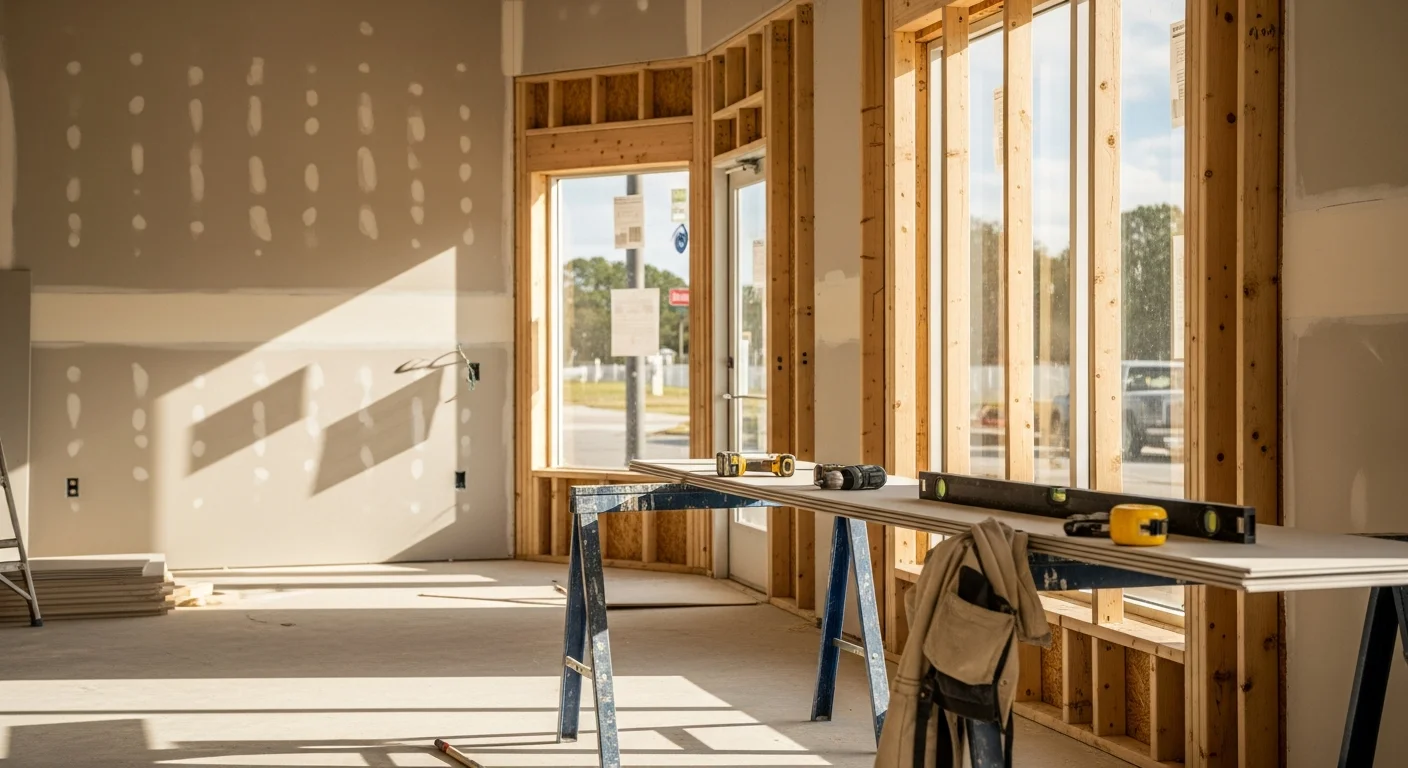 Renovated retail storefront interior in Brunswick, Georgia showing new flooring, updated lighting, and reconfigured display layout completed by Taylor Building Company. The space reflects a clean commercial buildout suited for coastal Georgia's mixed-use commercial district.