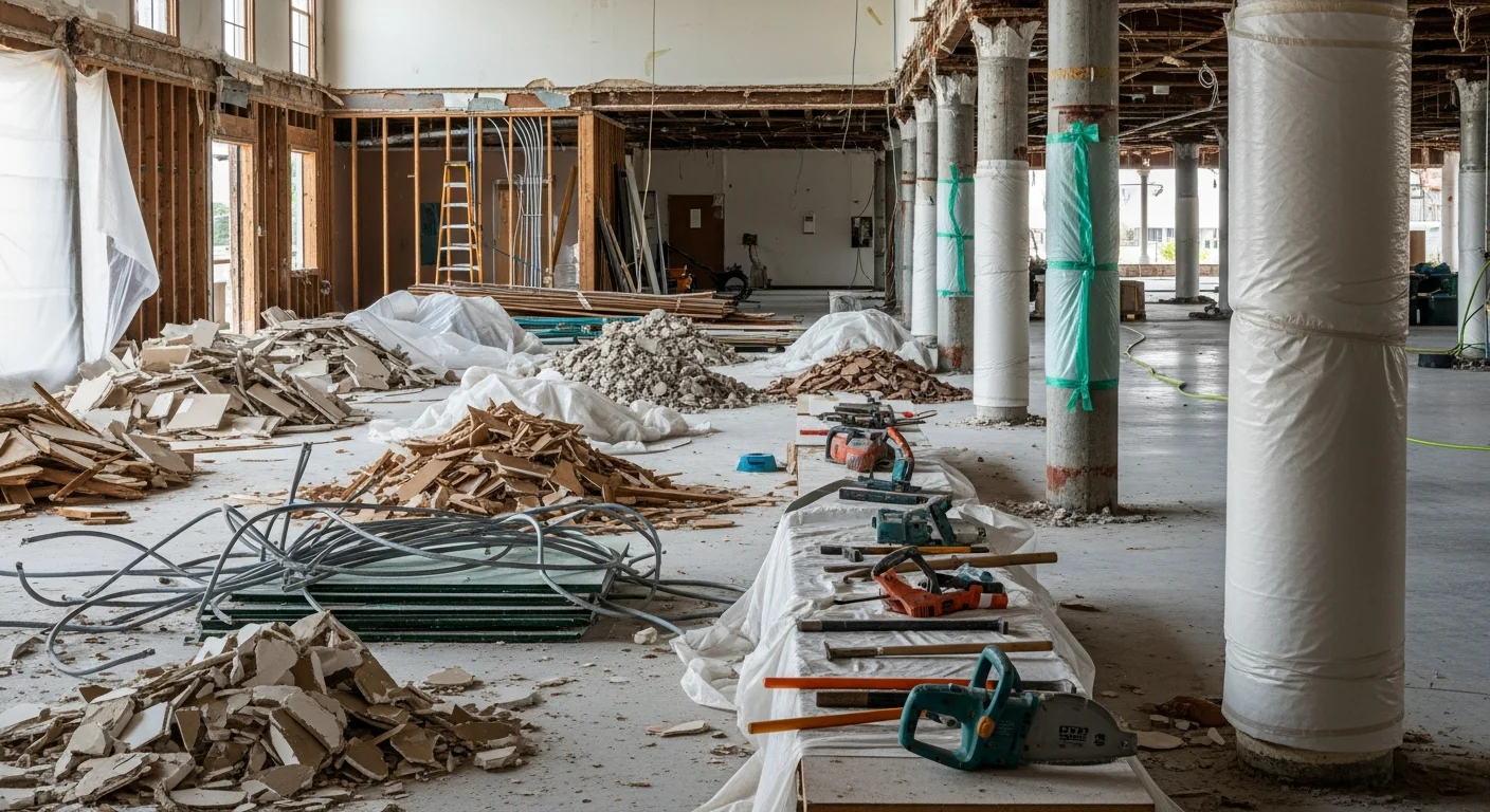 A Brunswick, Georgia interior space mid-selective demolition showing removed drywall and exposed wall framing with surrounding surfaces left intact. A contractor in work gear surveys the cleared area inside a Glynn County residential structure.