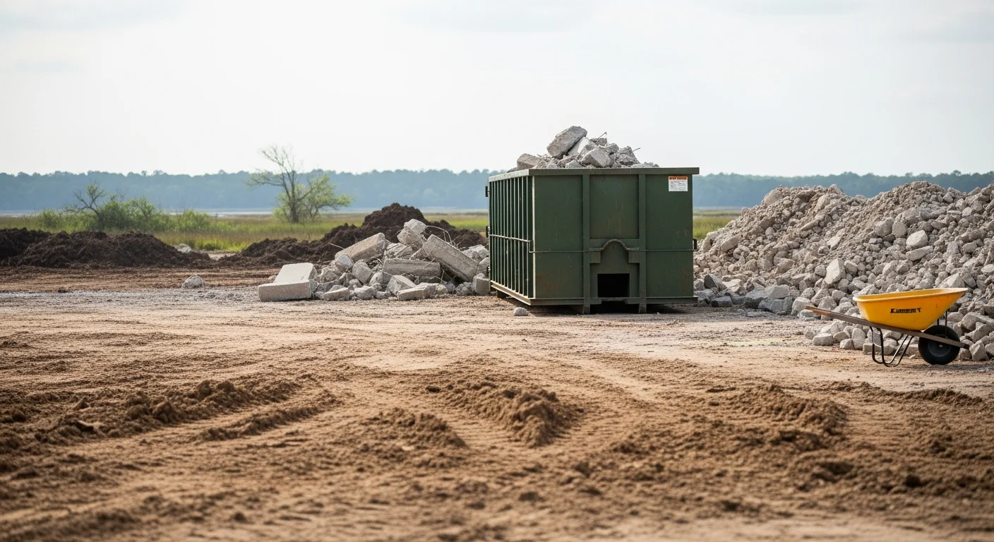 A cleared and graded lot in Brunswick, Georgia after demolition site cleanup, with all debris removed and bare soil leveled and ready for construction. A Taylor Building Company crew and equipment are visible on the Glynn County property.