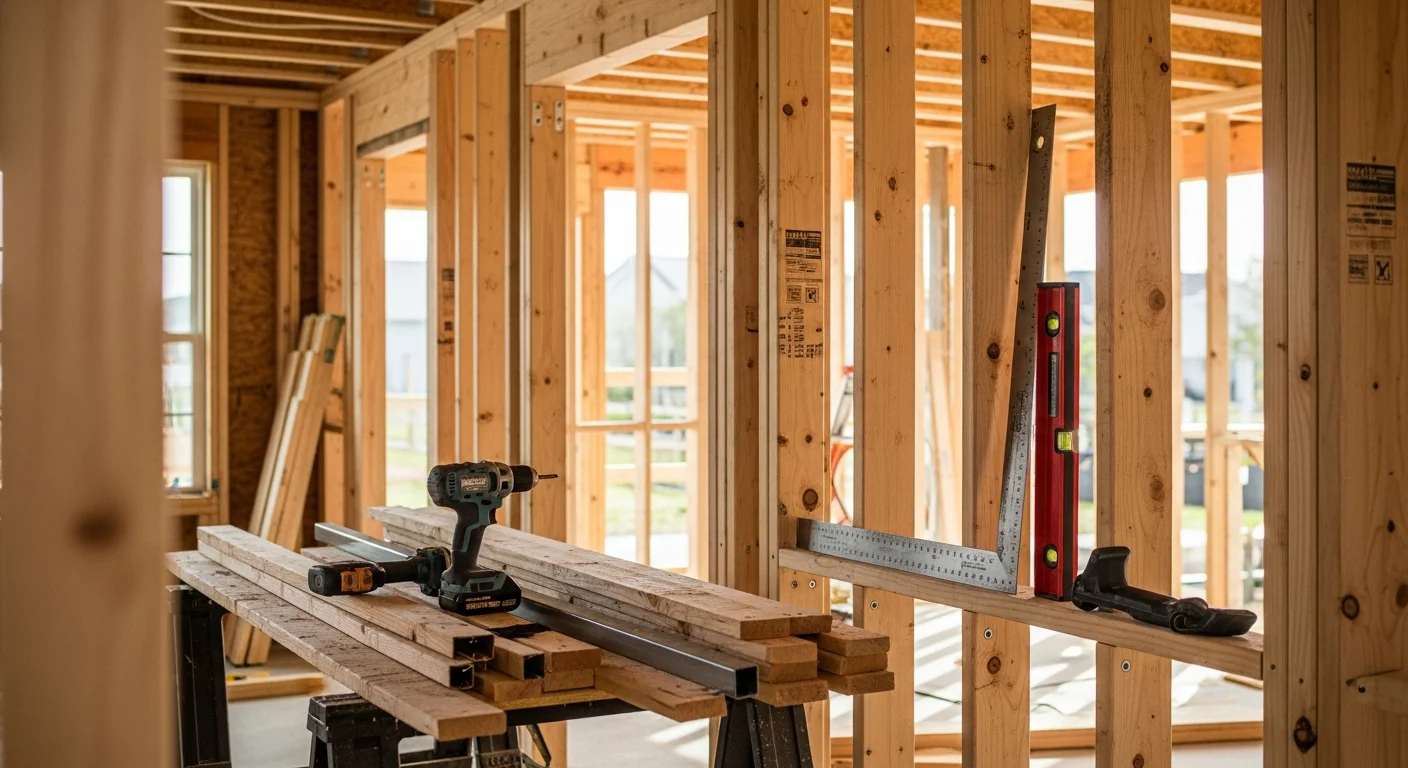 Interior stud framing in progress inside a Brunswick, Georgia residential room addition, showing evenly spaced vertical wood studs forming a new partition wall. Taylor Building Company crew members work on wall layout in a coastal Georgia home under construction.