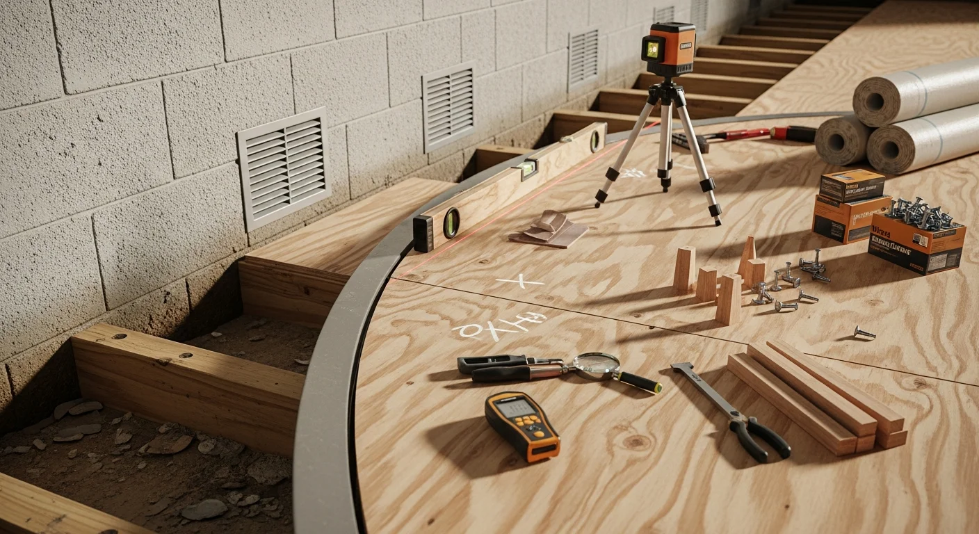 A flooring contractor checks and levels a wood subfloor inside a Brunswick, Georgia home before new finish flooring is installed. The subfloor surface is exposed, showing inspection and prep work in progress in a Glynn County residential space.